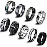 EIELO 9Pcs Stainless Steel Band Rings for Men Women Cool Fidget Spinning Chain Ring Anxiety Relief Fashion Simple Wedding Engagement Black Ring Set Size9