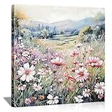 YPGEAME Flower Wall Painting with Gold Glitter, Vintage Landscape Print with Meadow Flowers, Poppies and Daisies on Canvas for Living Room Bedroom Decoration (80×80 cm) (Pink)