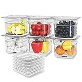 HNEDSEN Plastic Clear Food Pan 1/6 Size Stackable Polycarbonate Pan with Capacity Indicator Restaurant Commercial Hotel Pans for Fruits Vegetables Beans Corns (6 PCS, 4'' Deep)
