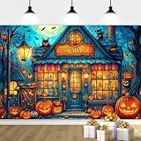 7X5ft Halloween Party Photo Backdrop Horror Night Background, Halloween Candy Shop Photography Background Cartoon Pumpkin Lantern Full Moon Night Backdrop Decor Photo Studio Props, Blue-2