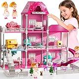 JUKUDAHU Villa Playset for Girls Ages 3-7, Indoor Playset Girls Toys with 3 Storeys 7 Rooms 2 Dolls for Ages 6-8, Furniture and Accessories, Pretend Toddler Toy, Birthday Gifts for Kids 3 4 5 6 7 8