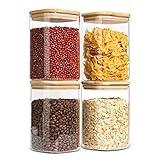 ComSaf Glass Storage Containers with Lids, 1.2 Qt Glass Jars with Lids, Clear Food Storage Jar, Canister For Pantry Cookie Flour Cereal Rice Sugar Tea Coffee Beans Spice, Square Set of 4