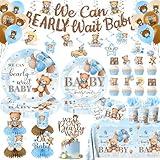 Blue Bear Baby Shower Decorations,219Pcs Baby Shower Tableware Set Banner, Plates and Napkins, Tablecloth, Cake Toppers, Honeycomb Balls for Boy Neutral Bear Themed Party Decorations Severs 24