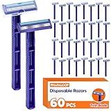 Phafaloop Twin Blade Disposable Razors for Men & Women – 60 Pack Bulk Stainless Steel Shavers with Lubricating Strip & Safety Cap, Non-Slip Handle for Sensitive Skin, Travel, Hotel, Charity (Blue)