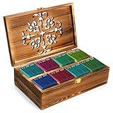 Coloch Wooden Tea Bag Storage Box with Carved Lid, 8-Compartment Tea Chest Organizer Spice Packets Container for Living Room, Kitchen, Office, Home Decor