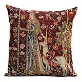Charlotte Home Furnishings Couch Pillow Cover 16X16 in, Lady & Unicorn Decorative Red Throw Pillow Cover, Belgian Medieval Tapestry Bed Room Home Decor Sofa Cushion Cases, Soft Cotton Jacquard Woven