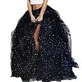 WDPL Women's Maxi Tulle Special Occasion Bustle Night Out Skirt Split Tulle Skirt (Sparkle Black, Large)