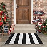Black and White Striped Fall Outdoor Rug 24"x 35", Washable Front Door Mat, Cotton Woven Farmhouse Front Porch Rug,Layered Autumn Door Mats Outdoor for Entryway Kitchen Halloween
