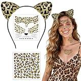 Voiiake Cheetah Leopard Ears Headband with Face Stickers Tattoos - Cheetah Costume Women, Leopard Print Cat Ears Headband for Adult, Halloween Cosplay Accessories