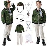 Akokvlar 9 Pcs Kids Pilot Aviator Costume Earhart Historical Costume for Girls Boys (Amy Green, 12-14 Years)