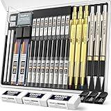 Nicpro 35PCS Gold Art Mechanical Pencils Set, 3 PCS Metal Drafting Pencil 0.5 mm & 0.7 mm & 0.9 mm & 3 PCS 2mm Lead Holder (6B 4B 2B HB 2H 4H Colors) For Sketching Drawing