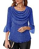 Lotusmile Womens Fall Fashion 2025: Women Blouses Dressy Casual - 3/4 Sleeve Sparkle Cowl Neck Tops for Womens Evening Events - Festival Double-Layer Ladies Tops and Blouses Holiday Party Date Blue XL