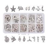 PH PandaHall 90pcs 15 Style Ocean Fish Charms Tibetan Seashell Marine Pendants Antique Silver Animal Sea Creatures Charms Pendants for Wakiki Hawaii DIY Bracelet Necklace Keychain Jewelry Making