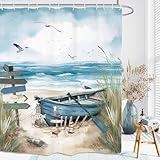 Kalmico Beach Coastal Shower Curtain 60Wx72L Inch Ocean Sea Shore Landscape Seascape Art Teal Blue Bathroom Set Accessories Decor with 12 Pack Hooks
