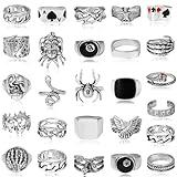Acruccen 26 Pcs Vintage Silver Punk Rings Set for Men Cool Gothic Chunky Rings Statement Snake Wing Signet Ring Set