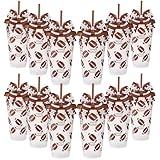 Skylety 12 Sets Sports Plastic Tumbler with Lid and Straw Bow Decorated 24oz Reusable Ball Themed Plastic Cups Sports Gifts for Fan Friend Birthday Ball Team Party Supplies(Football,Brown)