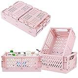 Weraher Plastic Baskets for Desk Organizing, Drawer Organizer, 2 Medium+2 Small Durable Folding Storage Crate for Home Kitchen Classroom Office Bedroom and Bathroom (Pink)
