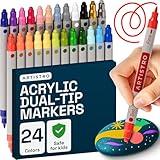 ARTISTRO 24 Acrylic Paint Markers for Rock, Fabric, Wood, Glass, Craft, Decoration - Dual-Tip Paint Pens - Stocking Stuffers, Christmas Gift Idea for Teens, Grandkids, Kids - Art Supplies