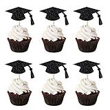 Leetaivie 24pcs Black Glitter Graduation Cap & Diploma Cupcake Toppers - Class Of 2025 Graduation Party Cake Decorations