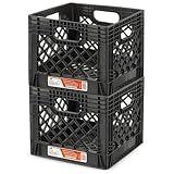 Juggernaut Storage 2-Pack Stackable Heavy Duty Milk Crates with Handles, 16 Qt, Black - Organizing Plastic Crate Basket for Grocery Shopping, Home Supplies, and Bathroom Accessories