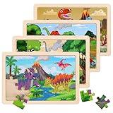 Wooden Puzzles Dinosaur Toys for Kids Ages 3-5, Set of 4 Packs with 20-Piece Wood Jigsaw Puzzles, Preschool Educational Brain Teaser Boards for Boys and Girls 3 4 5 6 Years Old