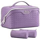 BOYATU Travel Makeup Bag Cosmetic Bags for Women: Large Capacity 3 Pcs Set Make up Bag with Compartments - Waterproof Vegan Leather Toiletry Organizer Bags with Handle - Travel Essentials(L01 Purple)