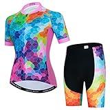 Colorful Womens Cycling Jersey Set, Summer Short Sleeve Ladies Mountain Dirt Bike Shirt and Shorts Padded Kit MTB Suit Cyclist Clothes Biker Biking Apparel BMX Bicycle Clothing, Small