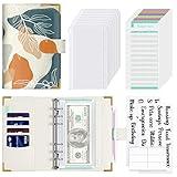 Rnivvi Budget Binder with Zipper Envelopes, A6 Money Saving Binder Cash Envelopes for Budgeting, PU Leather Planner Money Organizer for Cash Bills, Cute Boho System Wallet for Women, Abstract Leaves