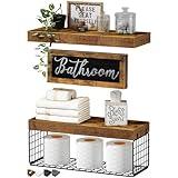 QEEIG Bathroom Shelves Over Toilet - Paper Storage Wall Mounted Farmhouse Decor Decorations Aesthetic Décor Sign Small Floating Shelf 2+1 Set 16 inch, Rustic Brown (020BN)