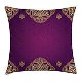 Ambesonne Oriental Throw Pillow Cushion Cover, Eastern Style Ornamental Graphic Lace Pattern on a Background with Floral Swirls, Decorative Square Accent Pillow Case, 20" X 20", Yellow Purple