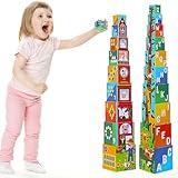beeqoo Animal Sorting and Stacking Blocks - Educational ABC & Numbers Toy for Babies and Toddlers - Montessori Learning Tower -10 Nesting Cubes Building Set - Ideal Present for Boys & Girls
