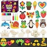 Worgree 48 Pcs DIY Wooden Magnets, Wooden Art Craft Supplies Painting Kit for Kids Ages 4-8 8-12 Glow in The Dark Party Favors Goodie Bag Stuffers Birthday Gifts Toys for Boys Girls