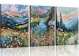 Colorful Mountain Wildflower Wall art Abstract Floral Blue Lake Landscape Pictures Wall Decor Forest Scenery Posters Boho Pink Flower Watercolor Painting Prints Artwork for Living Room, Framed