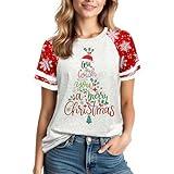 Christmas Shirts for Women: 2025 Fashion Color-Blocking Creativity Botany Cartoon Costumes Short Sleeve Printed Shirt Red