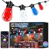 IP67 Waterproof DIY Design 100FT 30LEDS Smart RGB+IC Outdoor String Lights,Color Changing Bluetooth S14 LED Patio Lights with Remote&APP for Outside,Themable for Football Clubs,Patio,bar,café