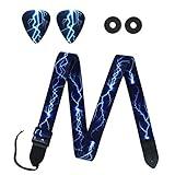 QIELIZI Guitar Strap, Guitar Strap with Leather End Length Adjustable 2 Pick Holders & 2 Matching Picks For Electric Guitar, Acoustic Guitar and Bass - Unique Gift For Guitarist(1-Blue Lightning)