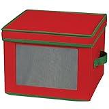 Household Essentials 536RED Holiday China Storage Chest with Lid and Handles | Dinner Plate | Red Canvas with Green Trim