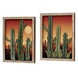 Touch of Class Desert at Sunset Southwest Cactus Wall Art Set of Two, 3D Metal and Wood Hanging Decor - Cacti in Front of Majestic Framed Desert Print - Southwestern Landscape Style Sculpture