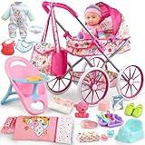 Baby Doll Stroller Toys Set with 12.5" Baby Doll,Dining Chair,Quilt Pillow,24 PCS Doll Accessories and 2 Sets Doll Clothes,Baby Stroller Toys for Girls Toddlers 3-5 4-6 5-7 Gifts for Pretend Play