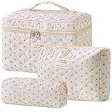 HBselect Quilted Makeup Bag, 3PCS Cotton Large Travel Makeup Bag, Cute Floral Coquette Make up Bag Cosmetic Bag Toiletry Bag for Women Girls