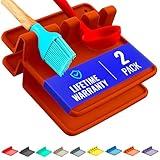 Red Silicone Spoon Rest for Stove Top with Drip Pad (Two Pack) - Heat-Resistant, BPA-Free Utensil Rest & Spoon Holder for Kitchen Counter - Grill Utensil Holder for Spatulas, Tongs, Ladles