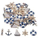 hobbyhub 50Pcs Nautical Collection Charms, 5 Styles Ocean Themed Anchor Charm Pendants Ship Helm Sailor Navy Boat Charms for Jewelry Making