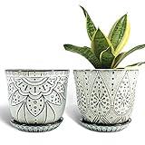 Gepege 6 Inch Beaded Ceramic Planter Set of 2 with Drainage Hole and Saucer for Plants, Indoor-Outdoor Large Round Succulent Orchid Flower Pot (Smoked Gray, Inner-pots not Larger Than 5 Inch)