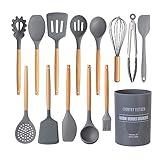 Country Kitchen Non Stick Silicone Utensil Set with Rounded Wood Handles for Cooking and Baking, 14 Piece Set, Gray