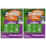 Children's Zyrtec Dye-Free Chewables for 24 Hour Allergy Relief, 2.5 mg Cetirizine Hydrochloride Antihistamine Tablets, Kids Allergy Medicine Relieves Sneezing & Itchy Throat, Grape, 24 + 12 ct