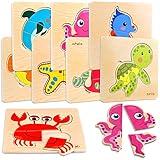 Faburo 8pcs Wooden Puzzles for Toddlers 1-3, Toddler Puzzles Ages 2-4, Montessori Toys for 1-3+ Years Girl Boy, Sea Animal Puzzle for Kids, Jigsaw Puzzle Educational Toys Preschool for 1-4
