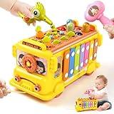Busy Activity Bus Toy for Toddlers Age 3+, 10-in-1 Montessori Sensory Learning Toy with Shape Sorting Xylophone Radish Pulling Whack-a-Mole Clock Driving, Smart Gears Educational Toy for Boys & Girls
