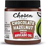 Chosen Foods Chocolate Hazelnut Spread - Made with 100% Pure Avocado Oil, Simple Ingredients, 40% Less Sugar, Vegan, Free of Palm Oil,12 oz 1-Pack