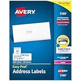 Avery Easy Peel Printable Address Labels with Sure Feed, 1" x 2-5/8" Customizable Stickers, White, 3,000 Blank Mailing Labels, Great for Mailing, Shipping, and More (5160)