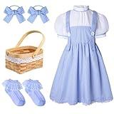 4PCS Deluxe Storybook Character Costumes for Girls Girls’ Classic Blue Gingham Dress Costume with Hair Bows Basket Socks Halloween Outfit for Dress Up Book Day Theater Play or Roleplay(5-7 Years)